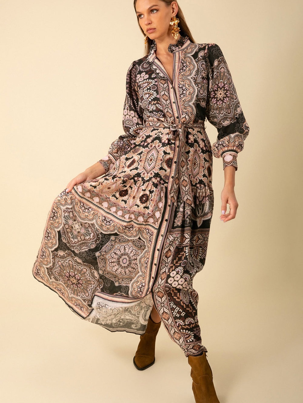 Hale Bob Samara Linen Maxi Dress - Paisley Tie-Waist Maxi Dress in Pink & Black